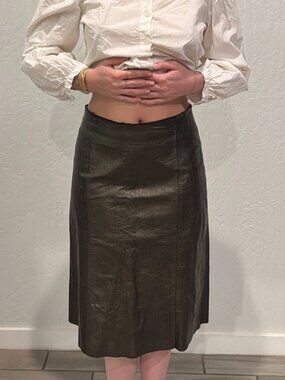 Barneys New York black metallic genuine leather midi skirt